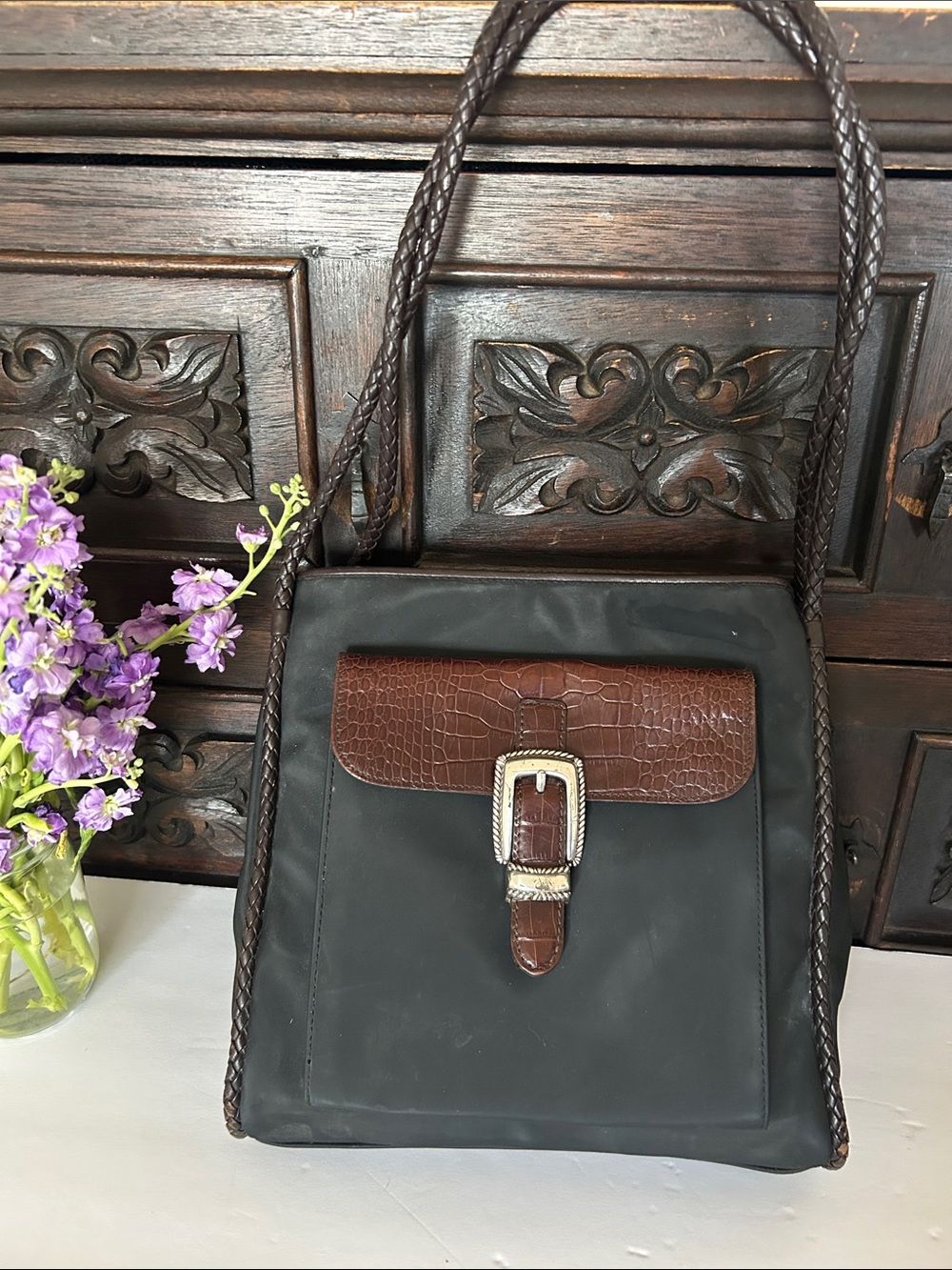 Brighton Black Messenger Bag with Brown Croc-Flap and Braided Straps